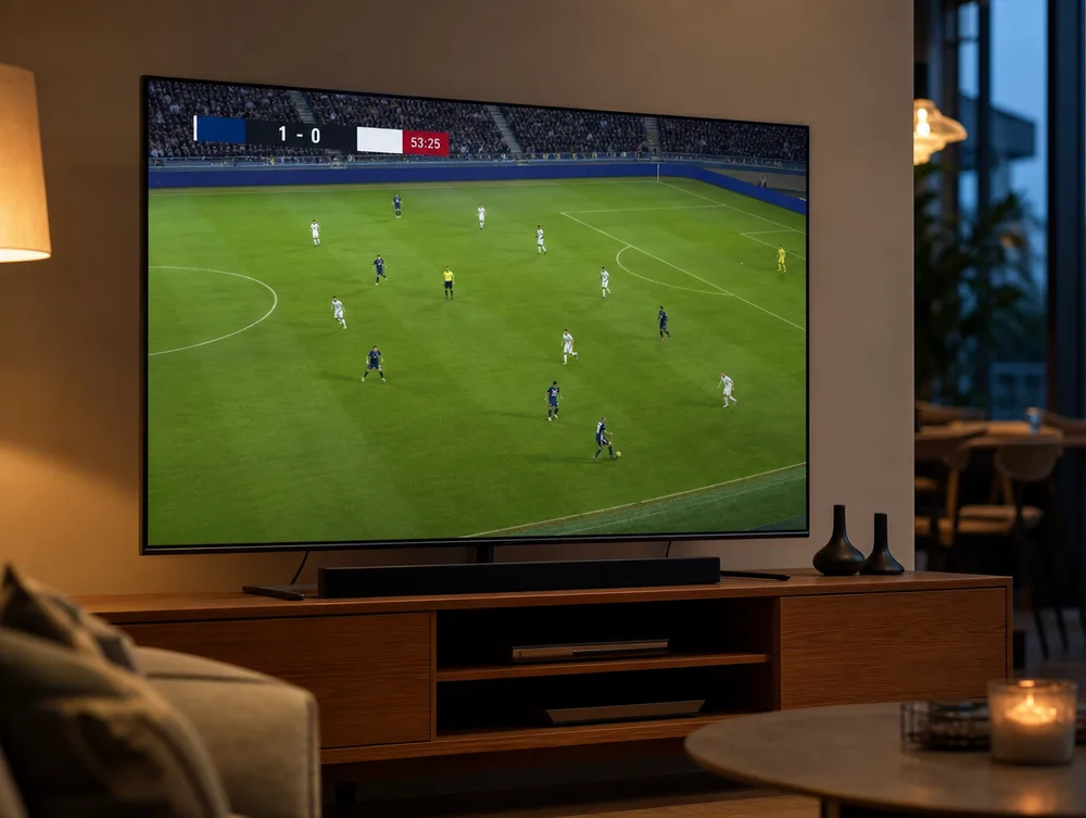 Ecra de televisao a mostrar um jogo de futebol em direto com marcador sobreposto