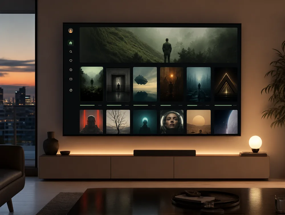 Interface de televisao a mostrar uma biblioteca de filmes e series