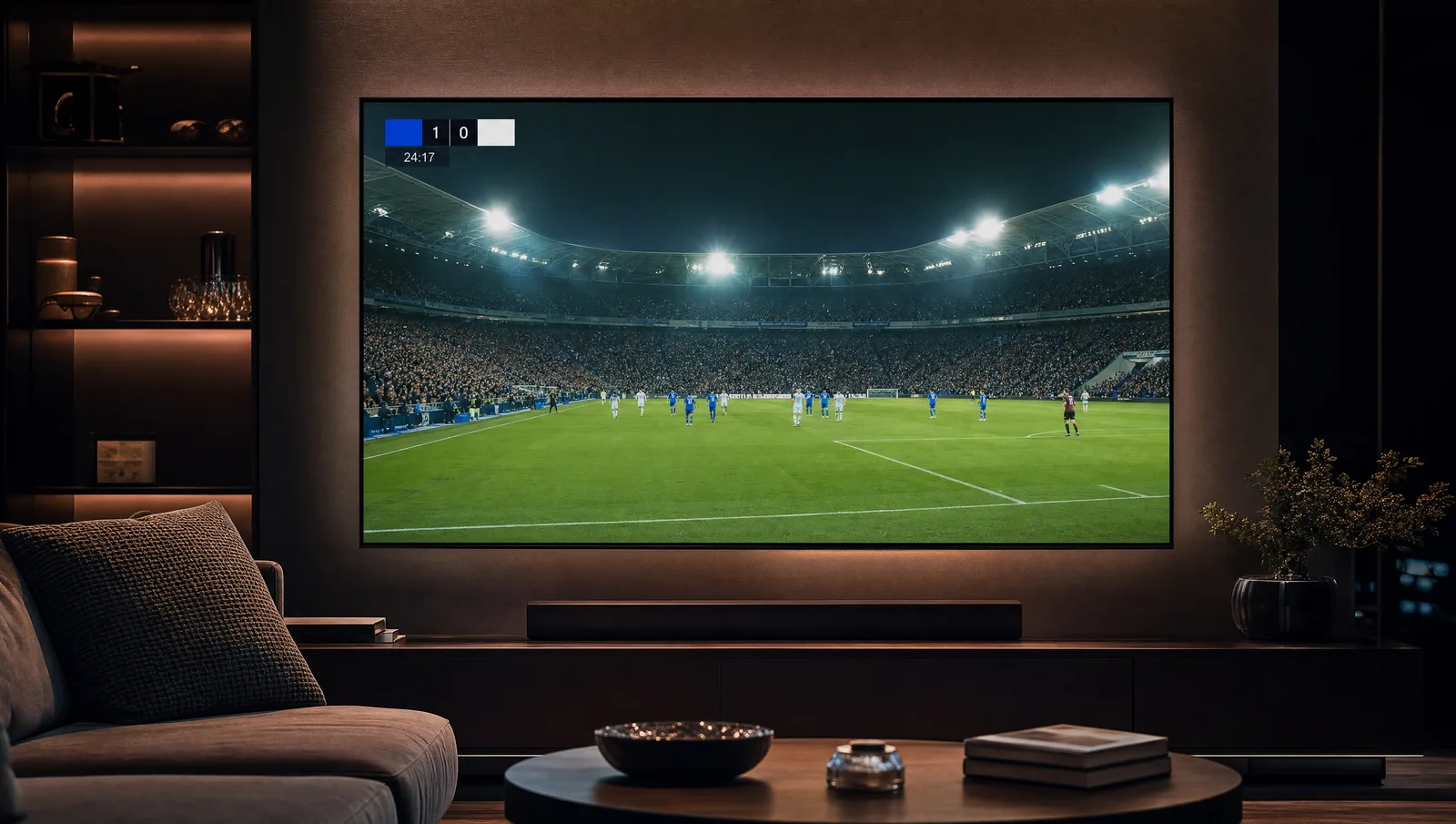 Televisao moderna a transmitir um jogo de futebol em direto atraves do IPTV Portugal Live